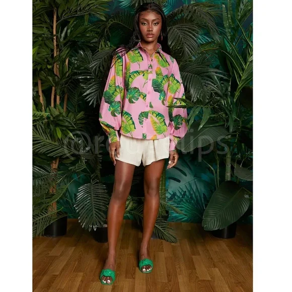 Cotton Leaf Tropical Print Pink Green Oversized Shirt Lantern Sleeve Button - Picture 3 of 10